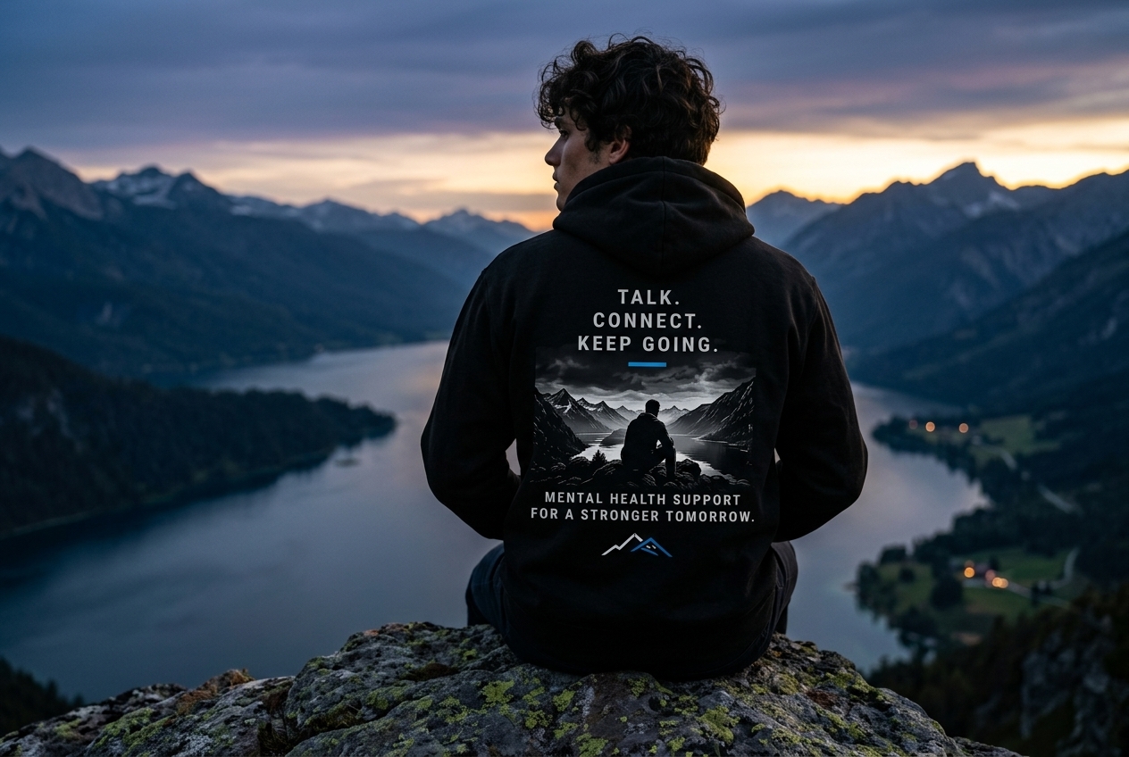 Man in a MenTellHealth hoodie sitting above a mountain lake at dusk